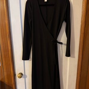 H&M Black Long Sleeve Ribbed Wrap Dress